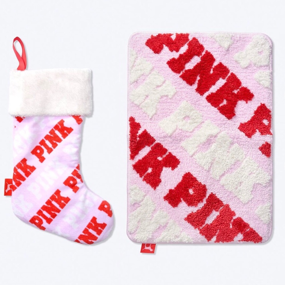 Victoria’s Secret PINK Logo Holiday Stocking & Rug Bath Mat SET *NEW* Price Firm